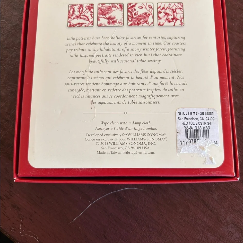 Williams Sonoma NWT Christmas toile cork backed Bird Coasters Set
